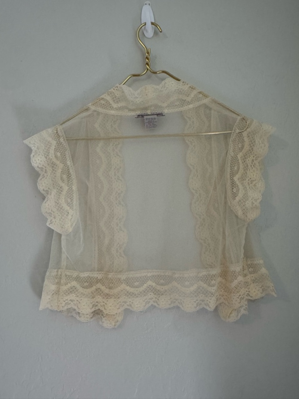 Vintage 90s Free People Lace Shrug Boho Cream Sheer Bolero Size M - Picture 3 of 3